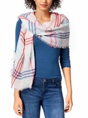INC International Concepts NEW White Multi Colored Up Plaid Wrap/Scarf ONE SIZE